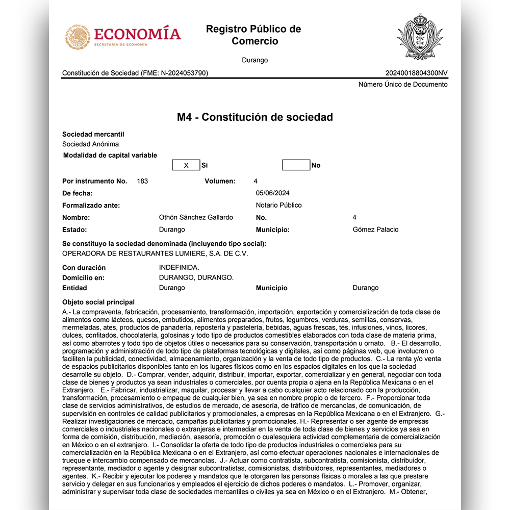 Acta constitutiva de la empresa Operadora de Restaurantes Lumiere S.A. de C.V. relacionado con el gabinete de Claudia Sheinbaum