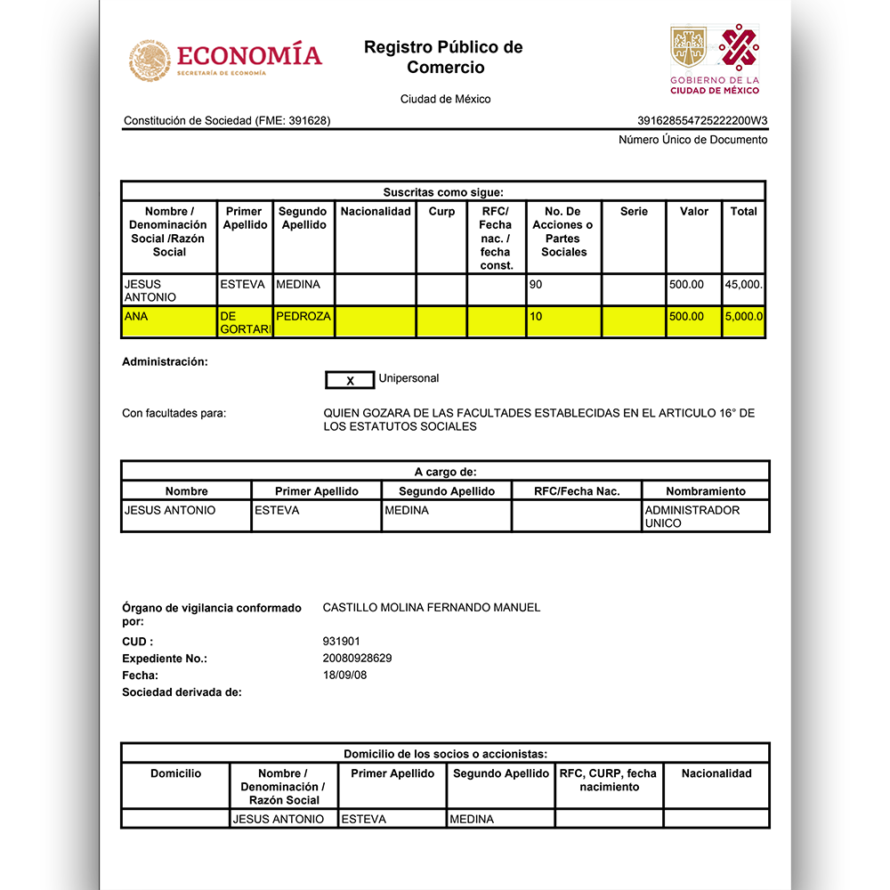 Acta constitutiva de Administración y Desarrollo en Ingeniería ADI, S.A. de C.V.