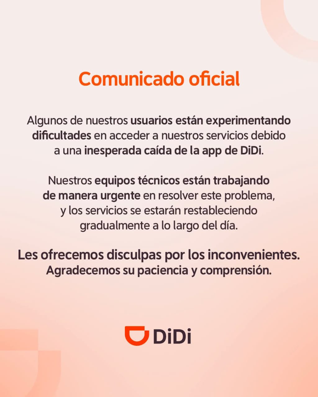 Comunicado Didi ante falla en su app