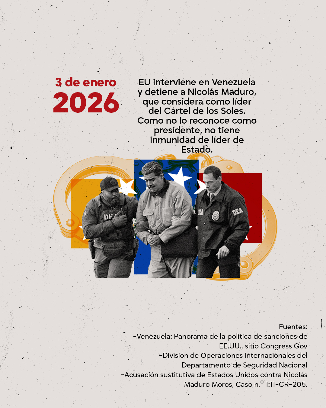 Nicolás Maduro, entonces presidente de Venezuela, fue detenido a inicios de 2026 en el país y extraditado a EU para ser juzgado