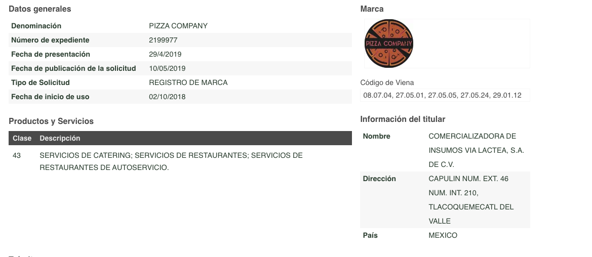 Vía Lactea intentó registrar la marca de Pizza Company, operada por Pizza Poniente. Captura: Compras MX