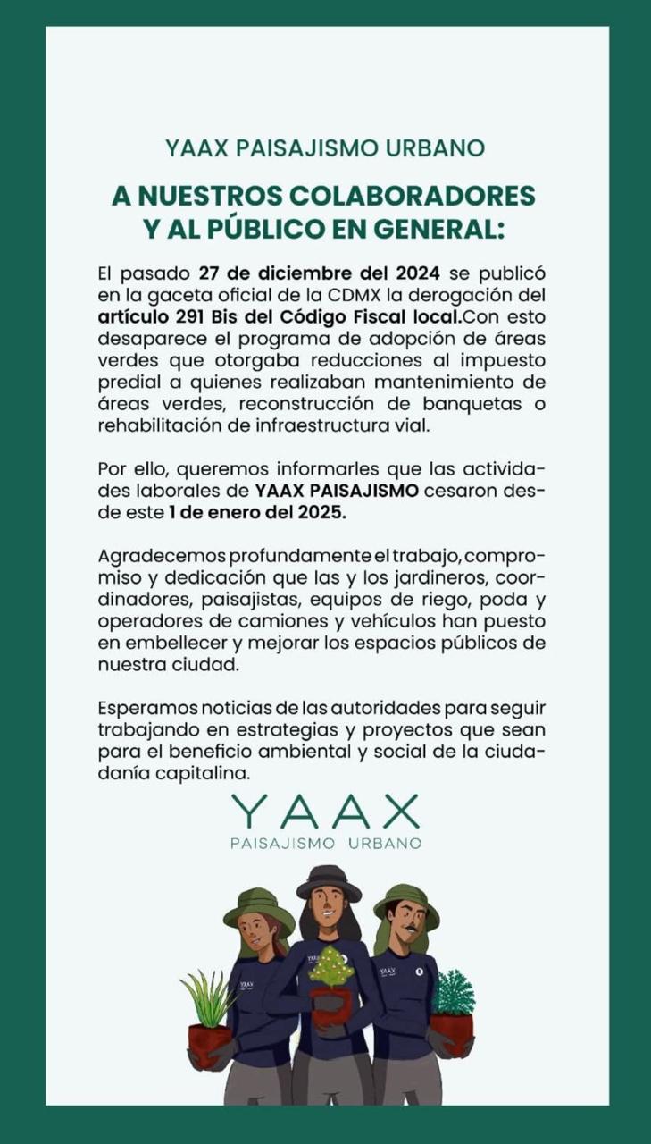 Comunicado de la empresa Soluciones Ambientales Yaax ante la derogación del artículo 291 del Código Fiscal de la CDMX.