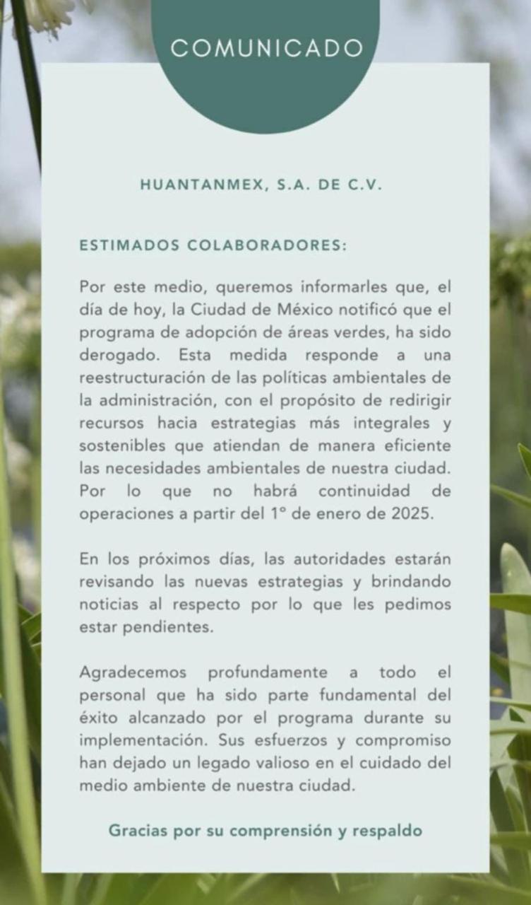 Comunicado de la empresa Huatan Landscaping ante la derogación del artículo 291 del Código Fiscal de la CDMX.